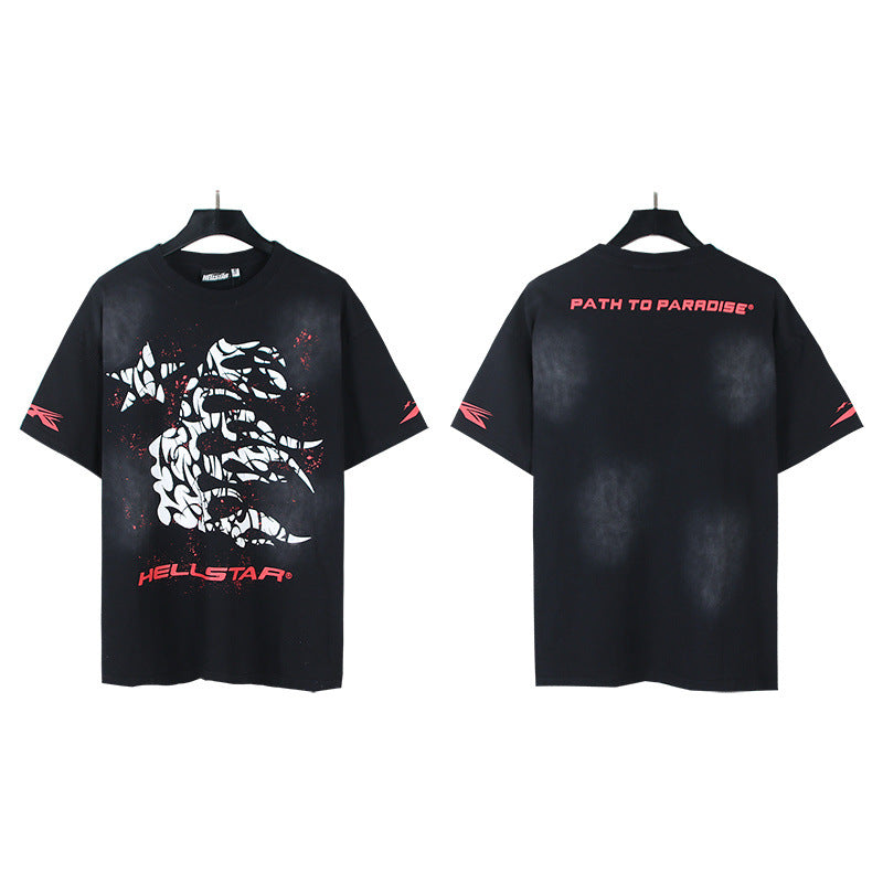 New H Hell Star Series Printed T Shirt Pure Cotton Vintage Washed Loose Short Sleeve Unisex Casual Tee