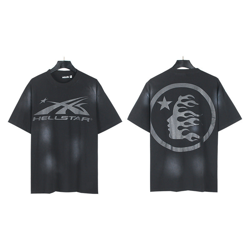 New H Hell Star Series Printed T Shirt Pure Cotton Vintage Washed Loose Short Sleeve Unisex Casual Tee