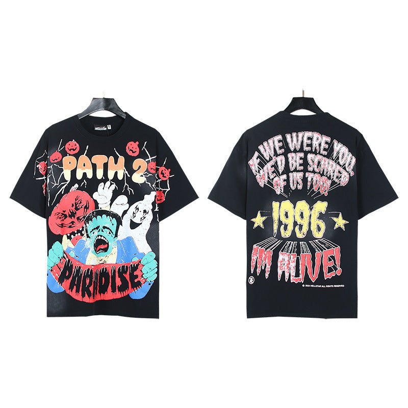 New H Hell Star Series Printed T Shirt Pure Cotton Vintage Washed Loose Short Sleeve Unisex Casual Tee