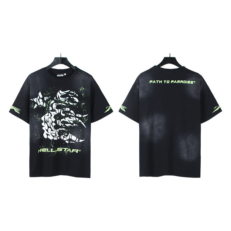 New H Hell Star Series Printed T Shirt Pure Cotton Vintage Washed Loose Short Sleeve Unisex Casual Tee