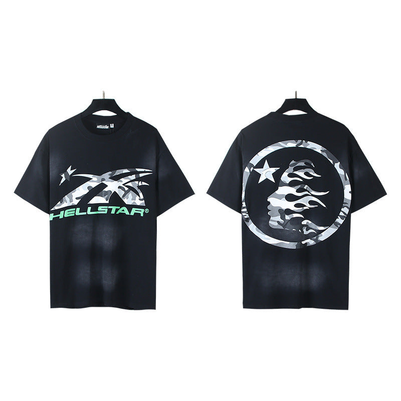 New H Hell Star Series Printed T Shirt Pure Cotton Vintage Washed Loose Short Sleeve Unisex Casual Tee