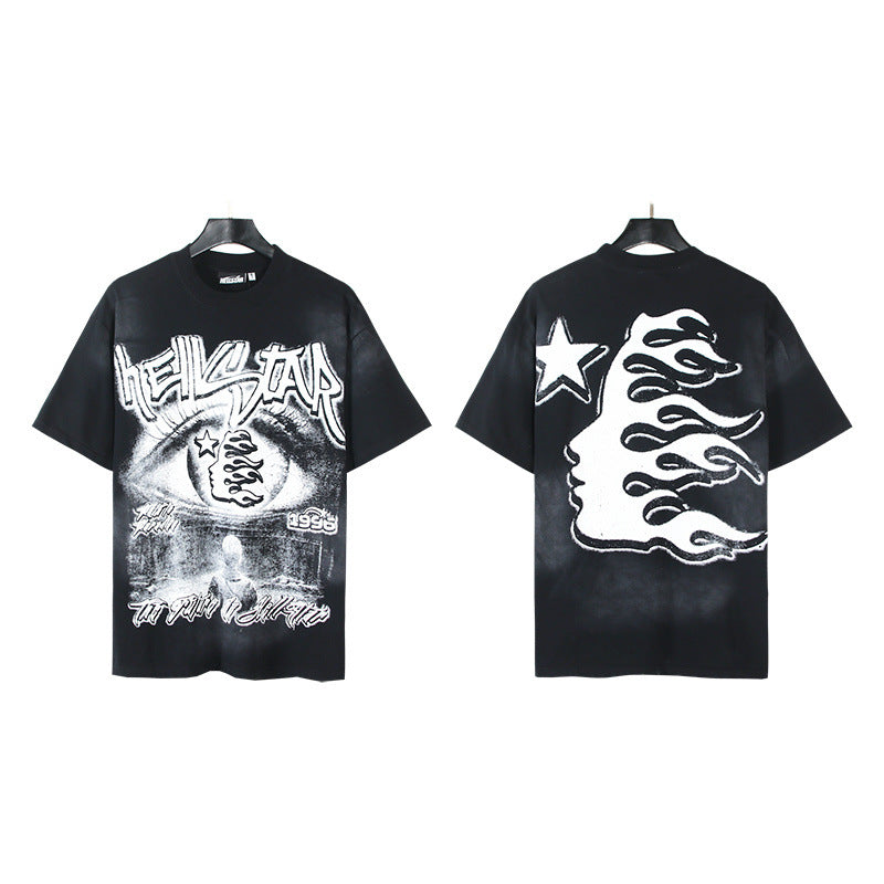 New H Hell Star Series Printed T Shirt Pure Cotton Vintage Washed Loose Short Sleeve Unisex Casual Tee