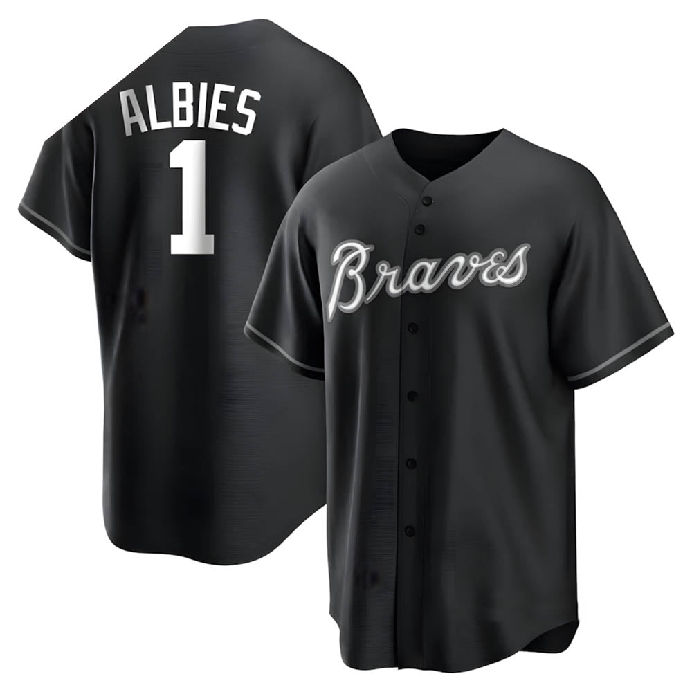 Blandc A.Braves #1 Ozzie Albies Player Black&White Replica Stitched Jerseys