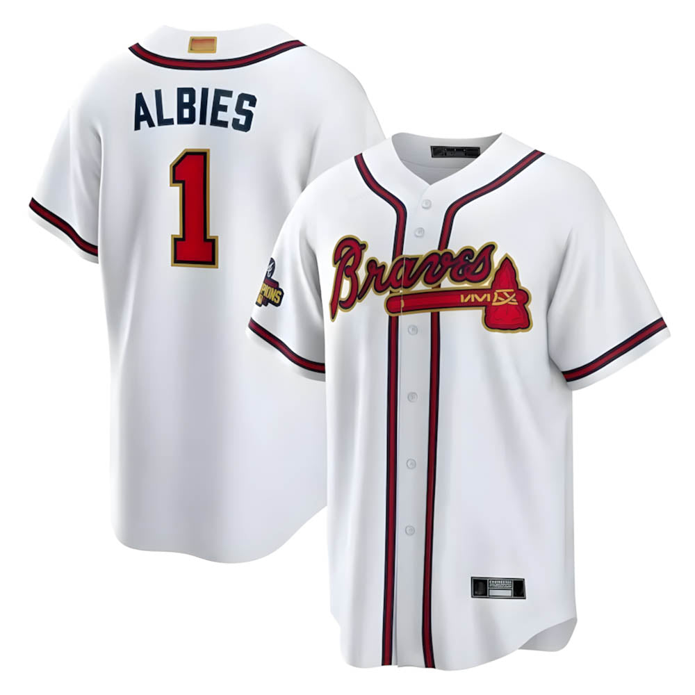 Blandc A.Braves #1 Ozzie Albies Player White World Series Gold Program Stitched Jerseys