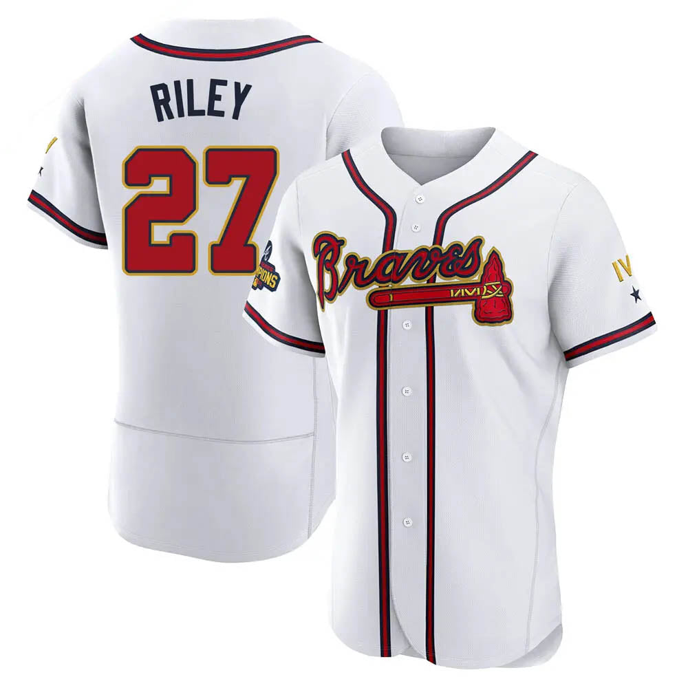 Blandc A.Braves #27 Austin Riley Player White&Gold Authentic Program Stitched Jerseys