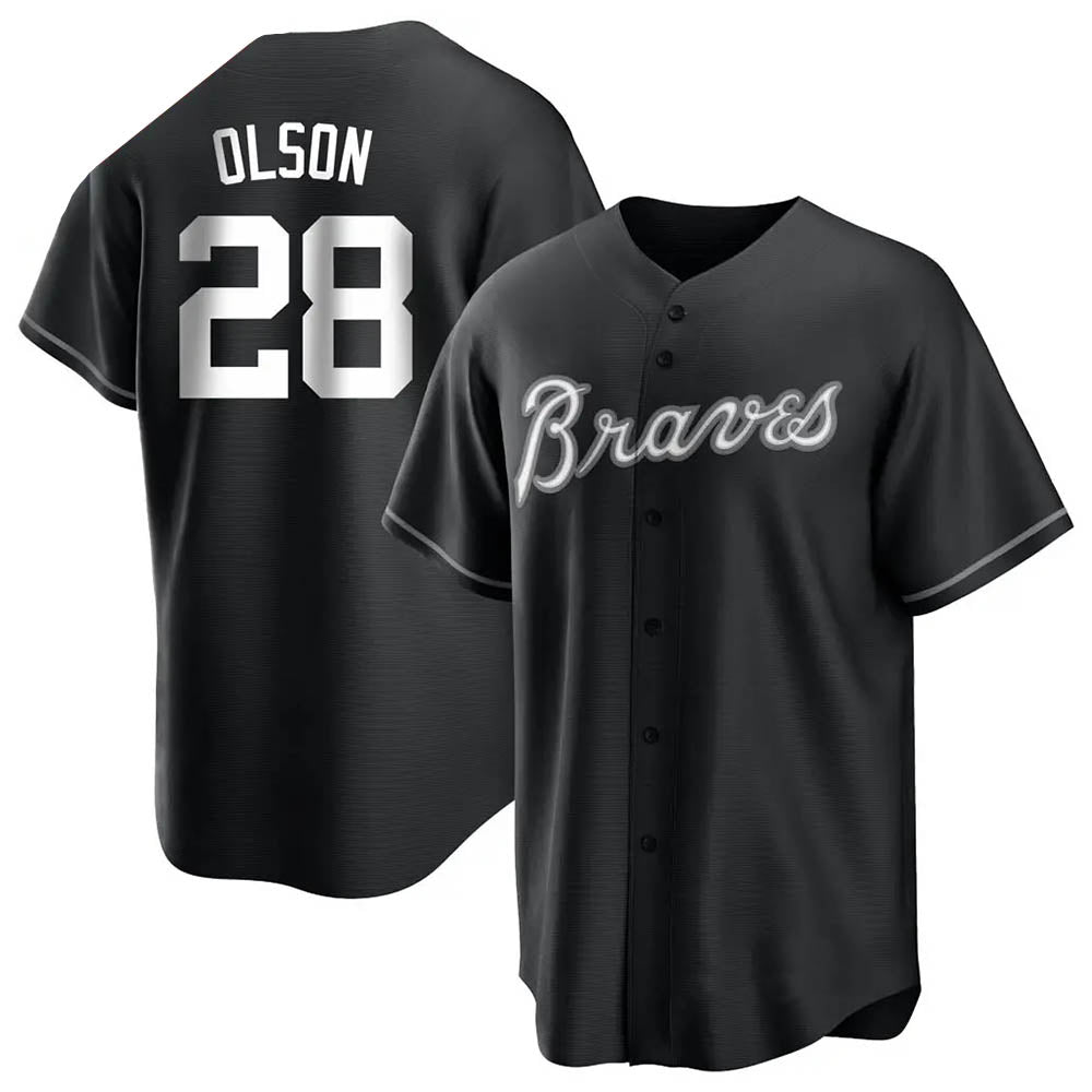Blandc A.Braves #28 Matt Olson Player Black&White Replica Stitched Jerseys