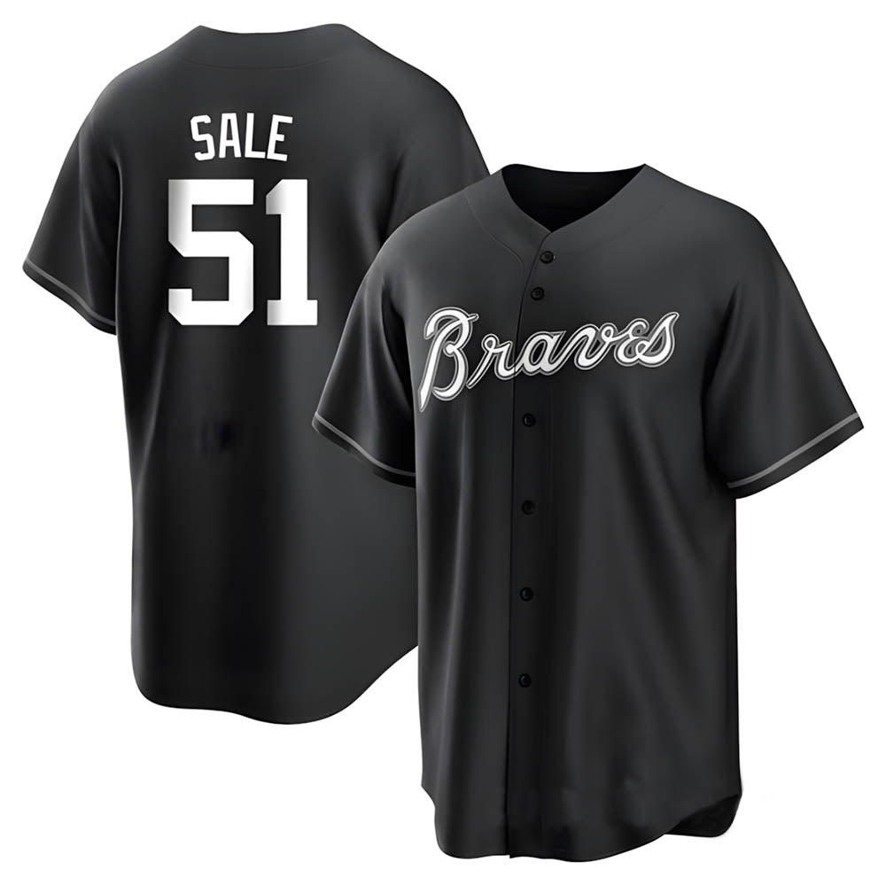 Blandc A.Braves #51 Chris Sale Player White&Black Replica Stitched Jerseys