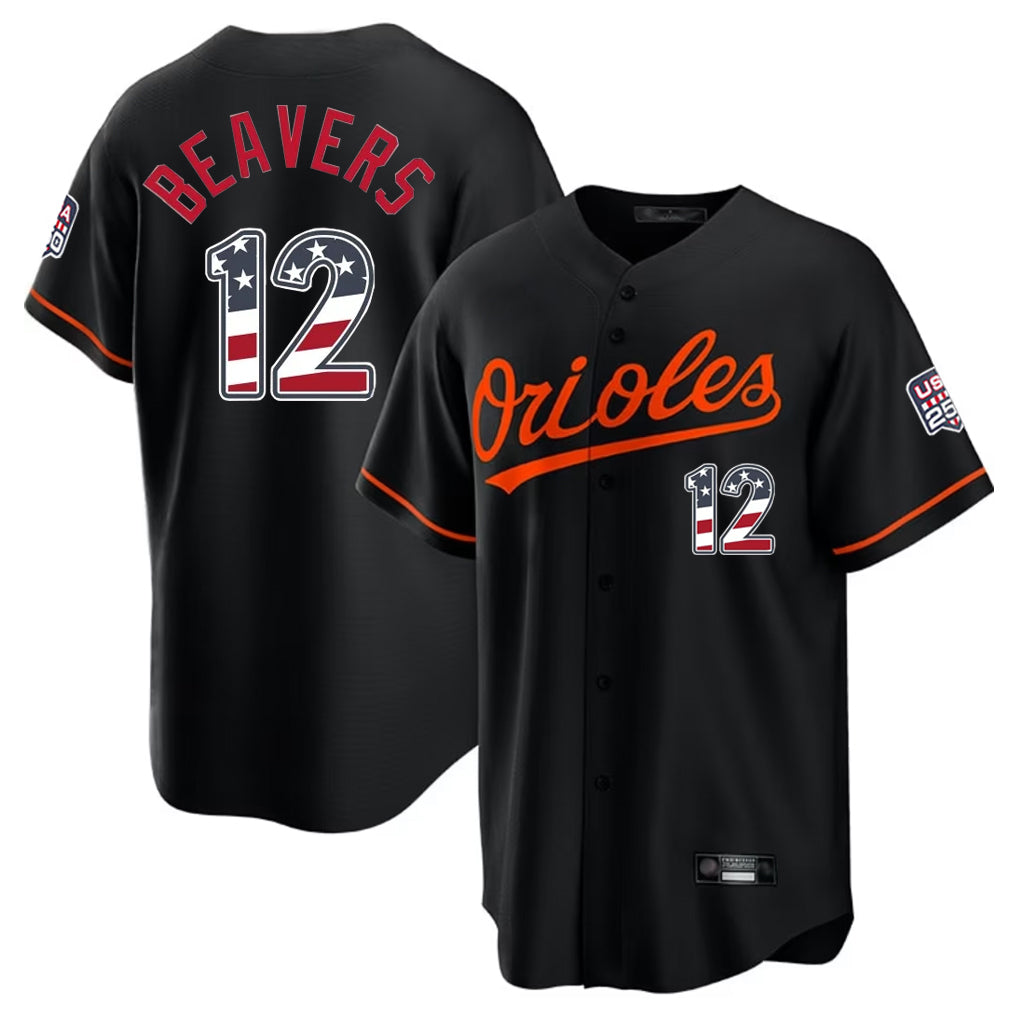 Blandc B.Orioles #12 Dylan Beavers Player Black USA 250 Fourth of July Home Game Stitched Jerseys