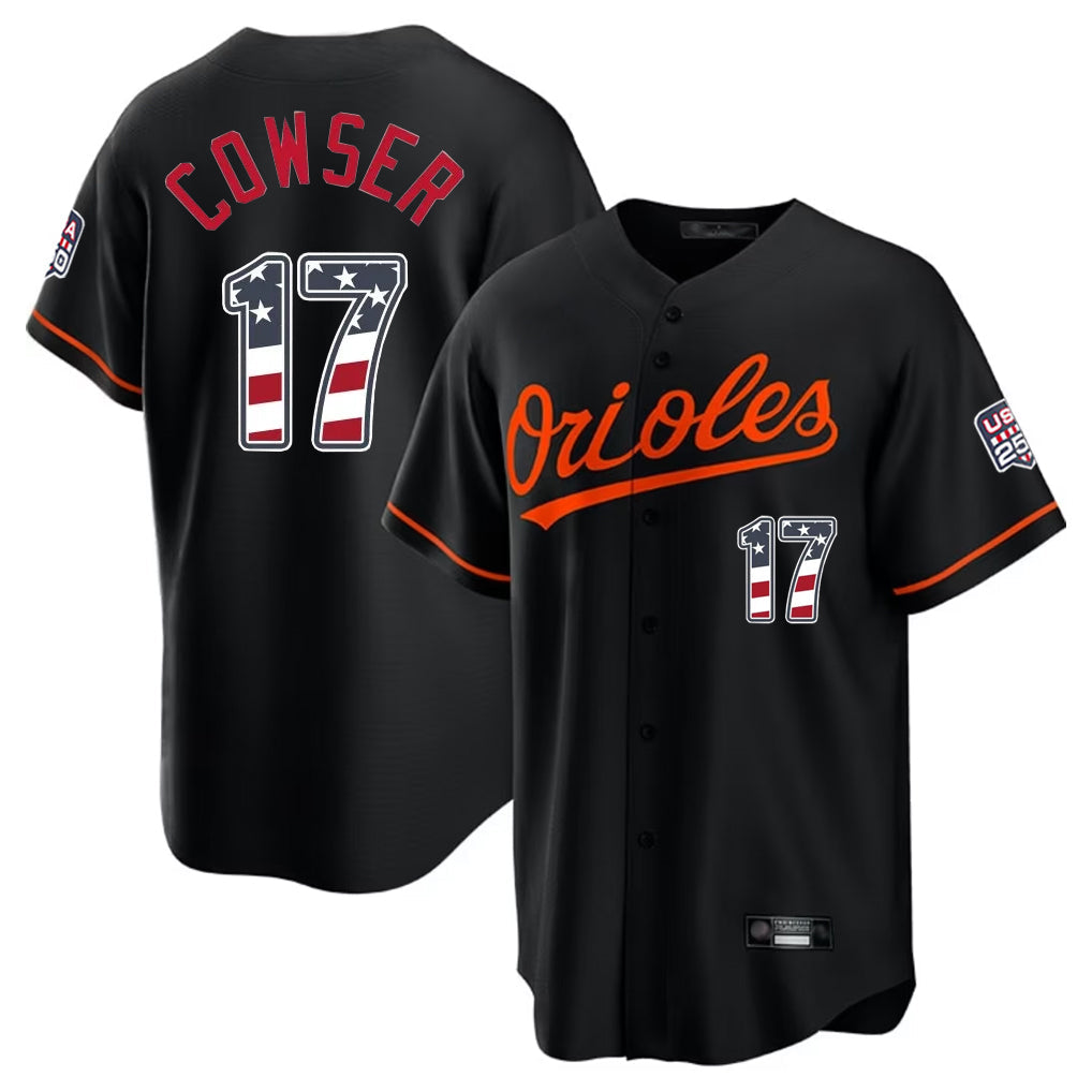 Blandc B.Orioles #17 Colton Cowser Player Black USA 250 Fourth of July Home Game Stitched Jerseys