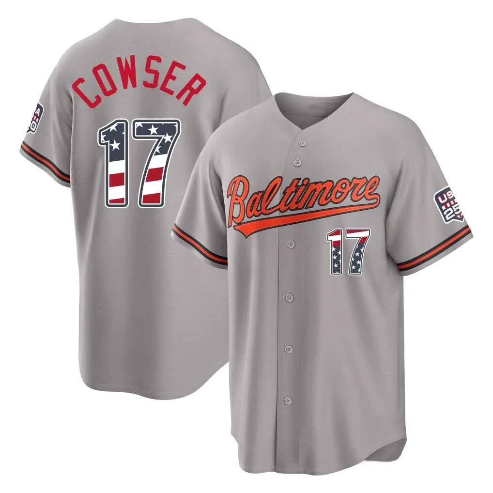 Blandc B.Orioles #17 Colton Cowser Player Gray USA 250 Fourth of July Home Game Stitched Jerseys