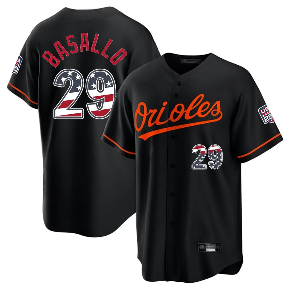 Blandc B.Orioles #29 Samuel Basallo Player Black USA 250 Fourth of July Home Game Stitched Jerseys