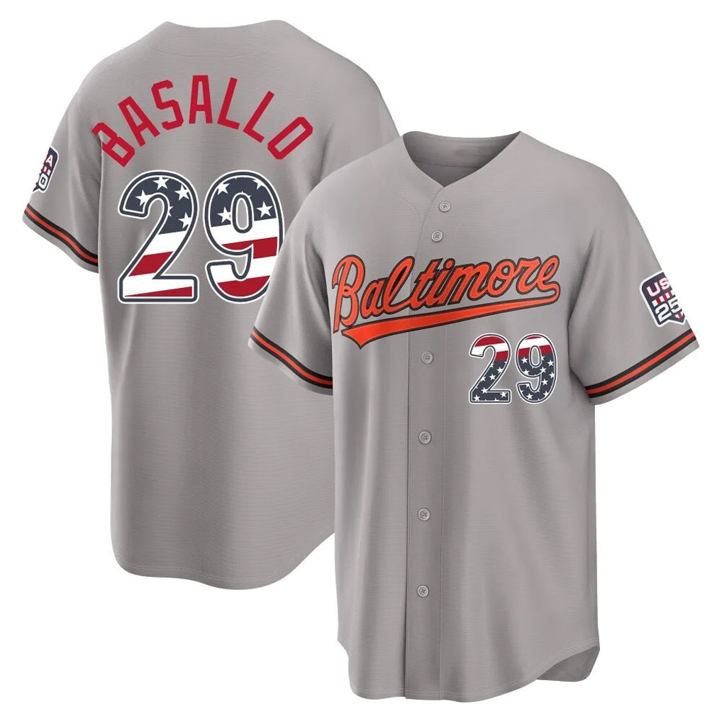 Blandc B.Orioles #29 Samuel Basallo Player Gray USA 250 Fourth of July Home Game Stitched Jerseys