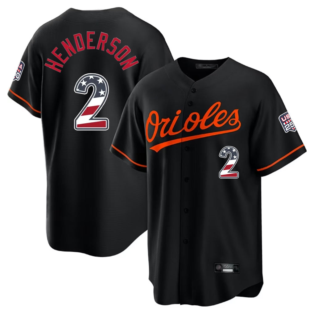 Blandc B.Orioles #2 Gunnar Henderson Player Black USA 250 Fourth of July Home Game Stitched Jerseys