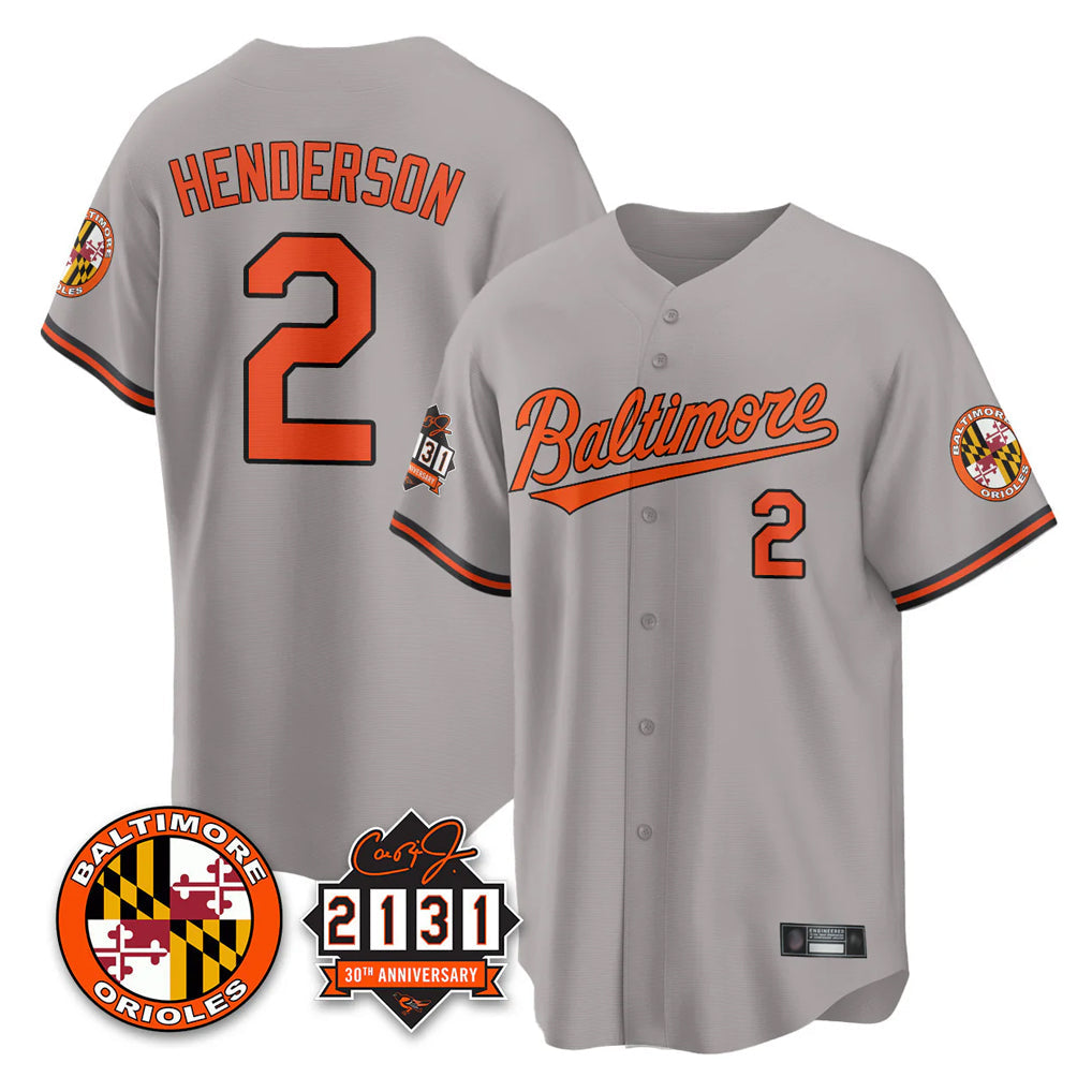 Blandc B.Orioles #2 Gunnar Henderson Player Gray 30th Anniversary of 2131 Home Game Stitched Jerseys