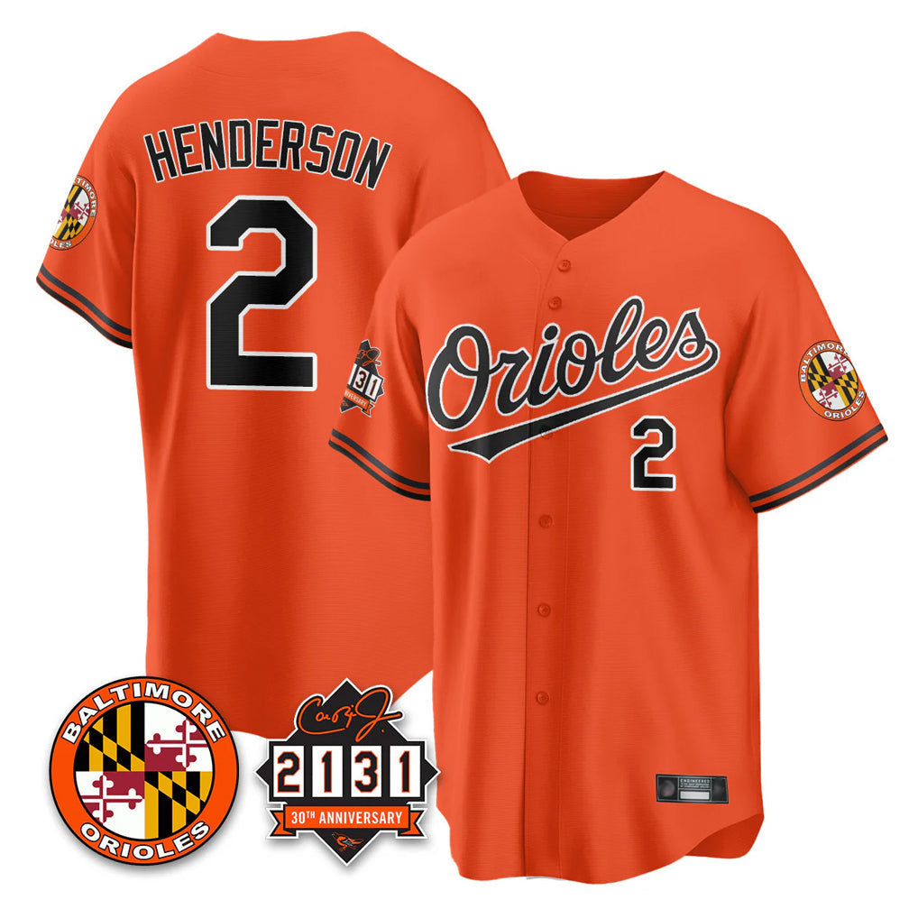 Blandc B.Orioles #2 Gunnar Henderson Player Orange 30th Anniversary of 2131 Home Game Stitched Jerseys