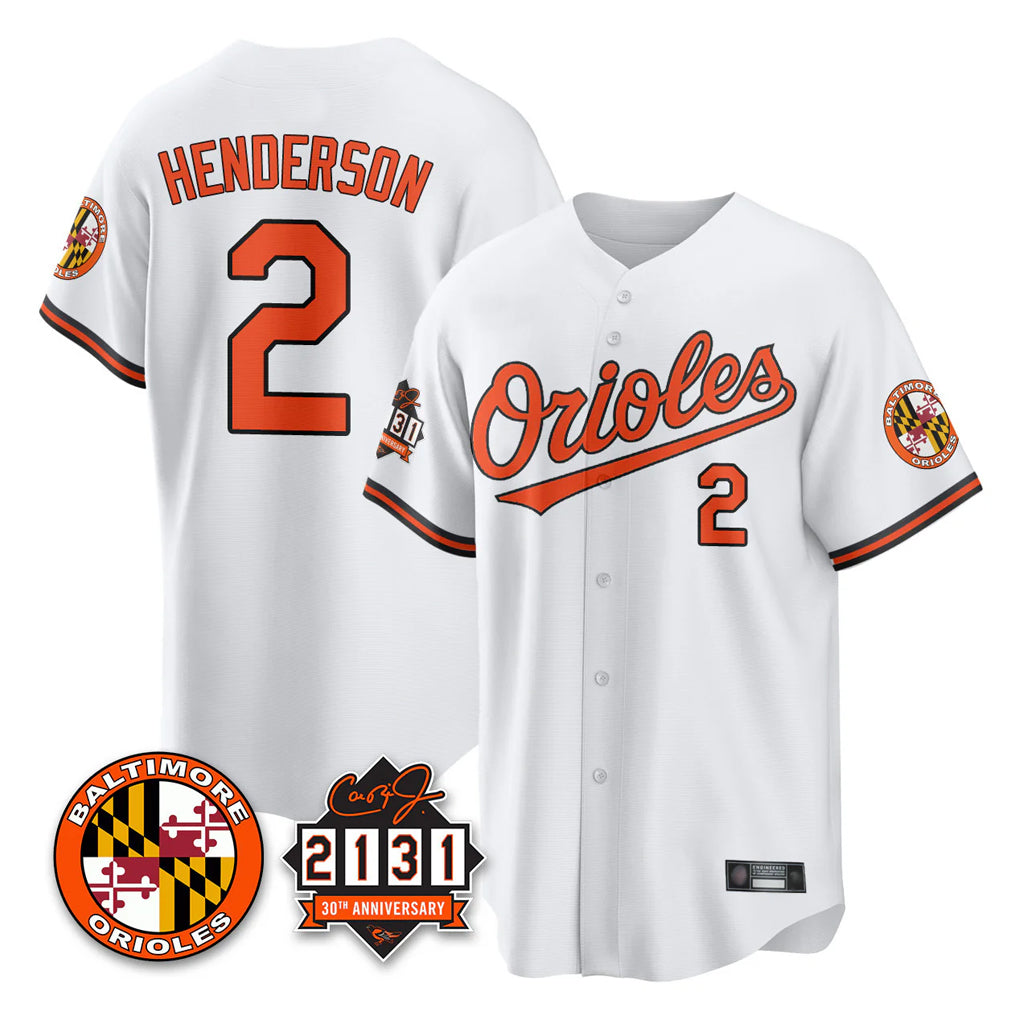 Blandc B.Orioles #2 Gunnar Henderson Player White 30th Anniversary of 2131 Home Game Stitched Jerseys