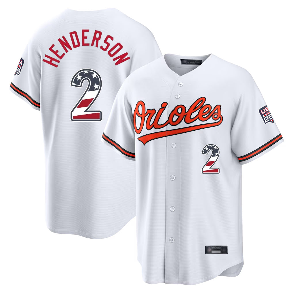 Blandc B.Orioles #2 Gunnar Henderson Player White USA 250 Fourth of July Home Game Stitched Jerseys
