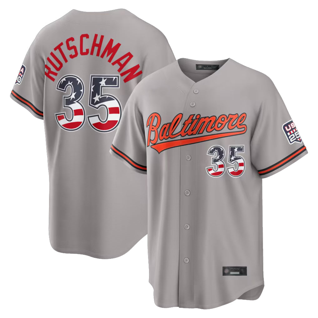 Blandc B.Orioles #35 Adley Rutschman Gray USA 250 Fourth of July Home Game Stitched Jerseys