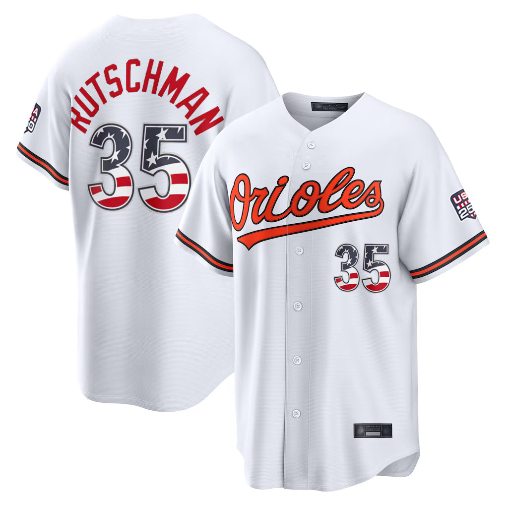 Blandc B.Orioles #35 Adley Rutschman White USA 250 Fourth of July Home Game Stitched Jerseys