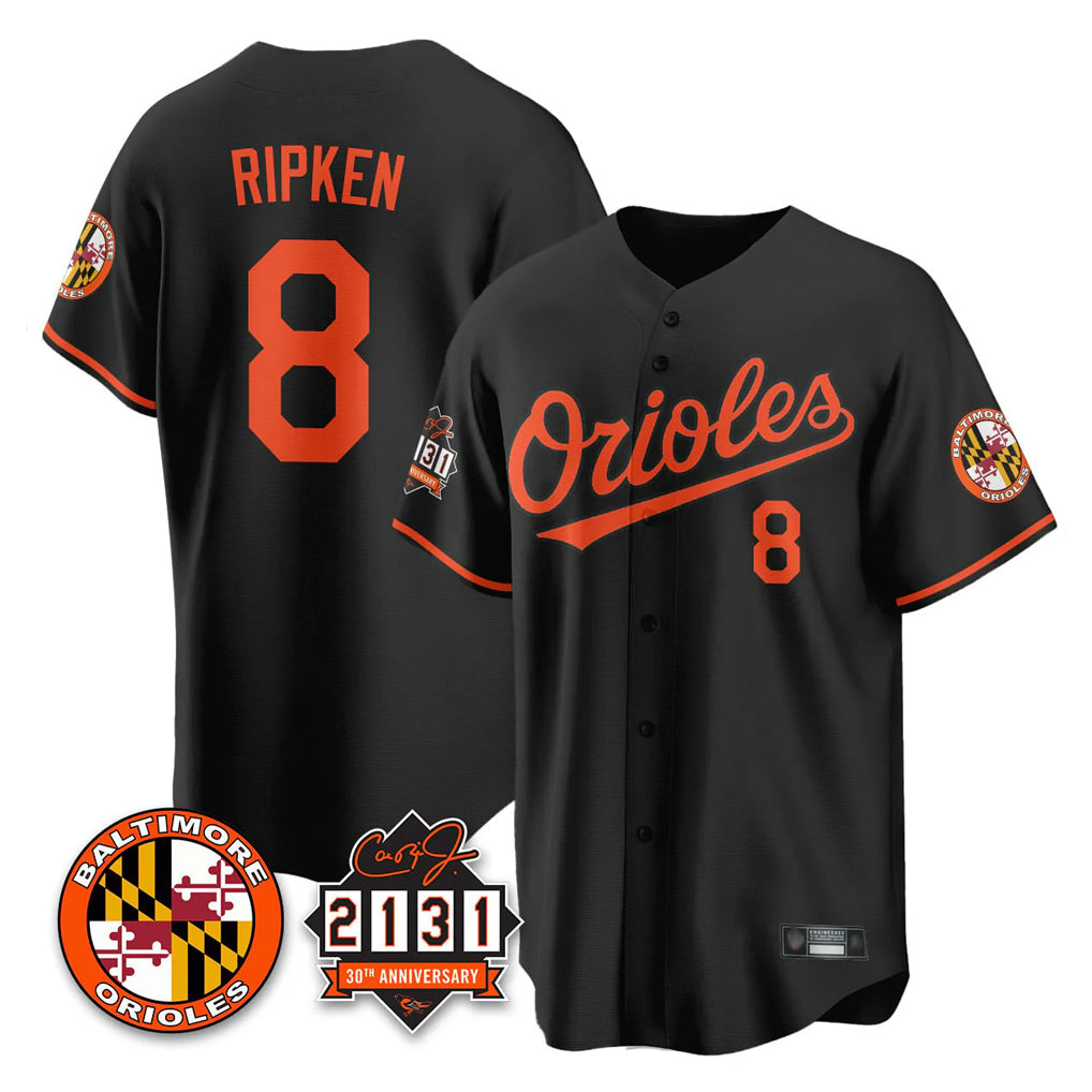 Blandc B.Orioles #8 Cal Ripken Player Black 30th Anniversary of 2131 Home Game Stitched Jerseys