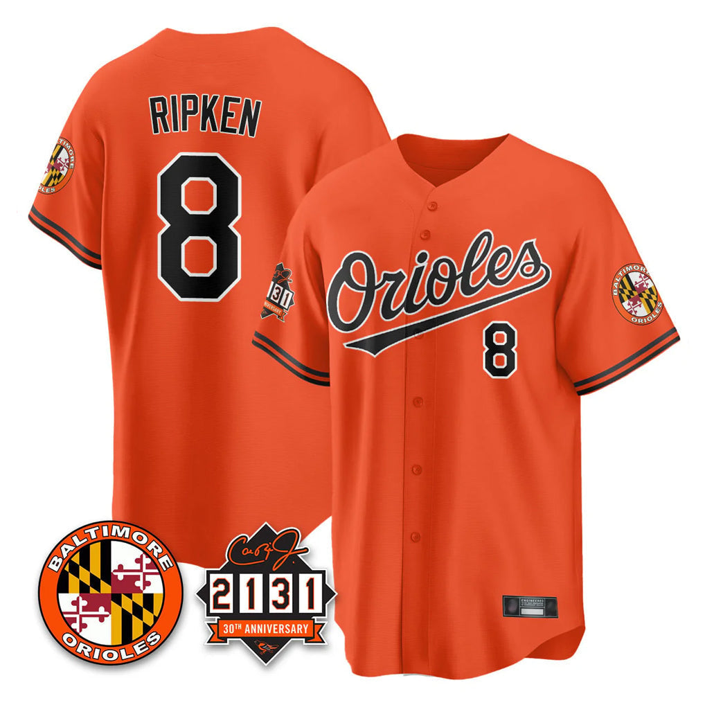Blandc B.Orioles #8 Cal Ripken Player Orange 30th Anniversary of 2131 Home Game Stitched Jerseys