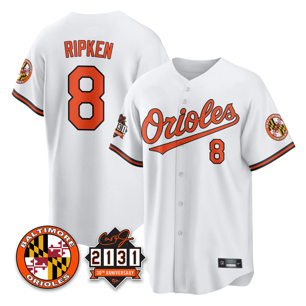 Blandc B.Orioles #8 Cal Ripken Player White 30th Anniversary of 2131 Home Game Stitched Jerseys