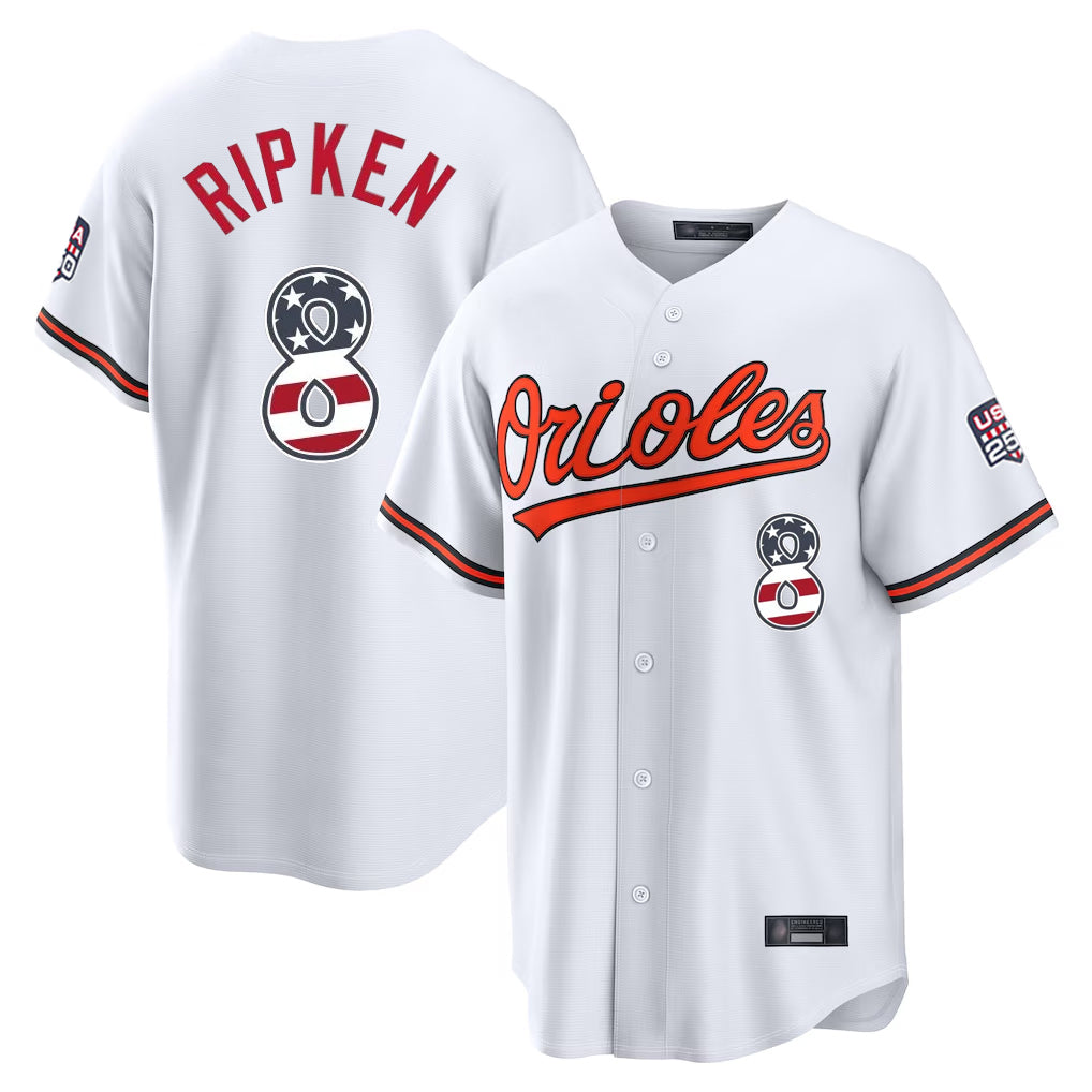 Blandc B.Orioles #8 Cal Ripken Player White USA 250 Fourth of July Home Game Stitched Jerseys