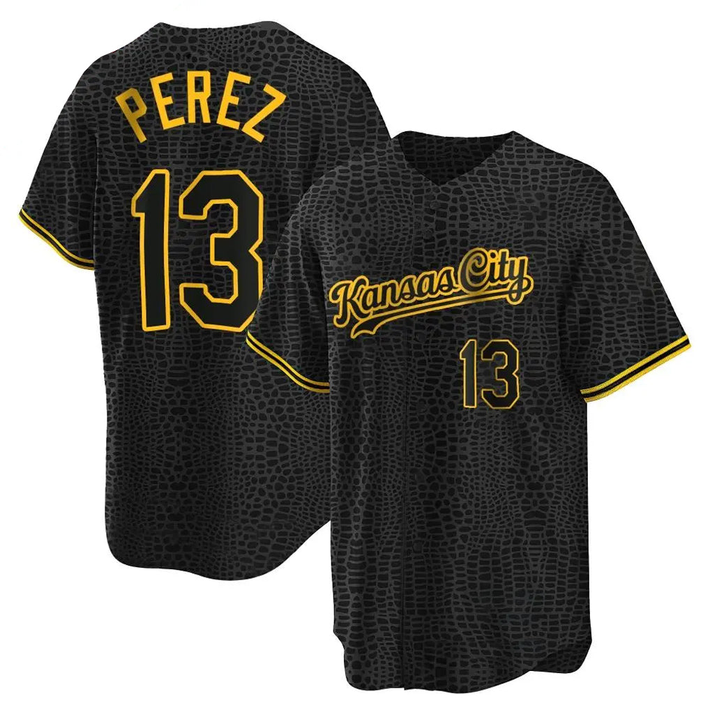 Blandc KC.Royals #13 Salvador Perez Player Black Snake Skin City Game Stitched Jerseys