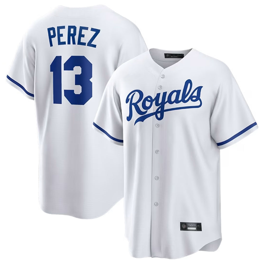 Blandc KC.Royals #13 Salvador Perez Player White Home Game Stitched Jerseys