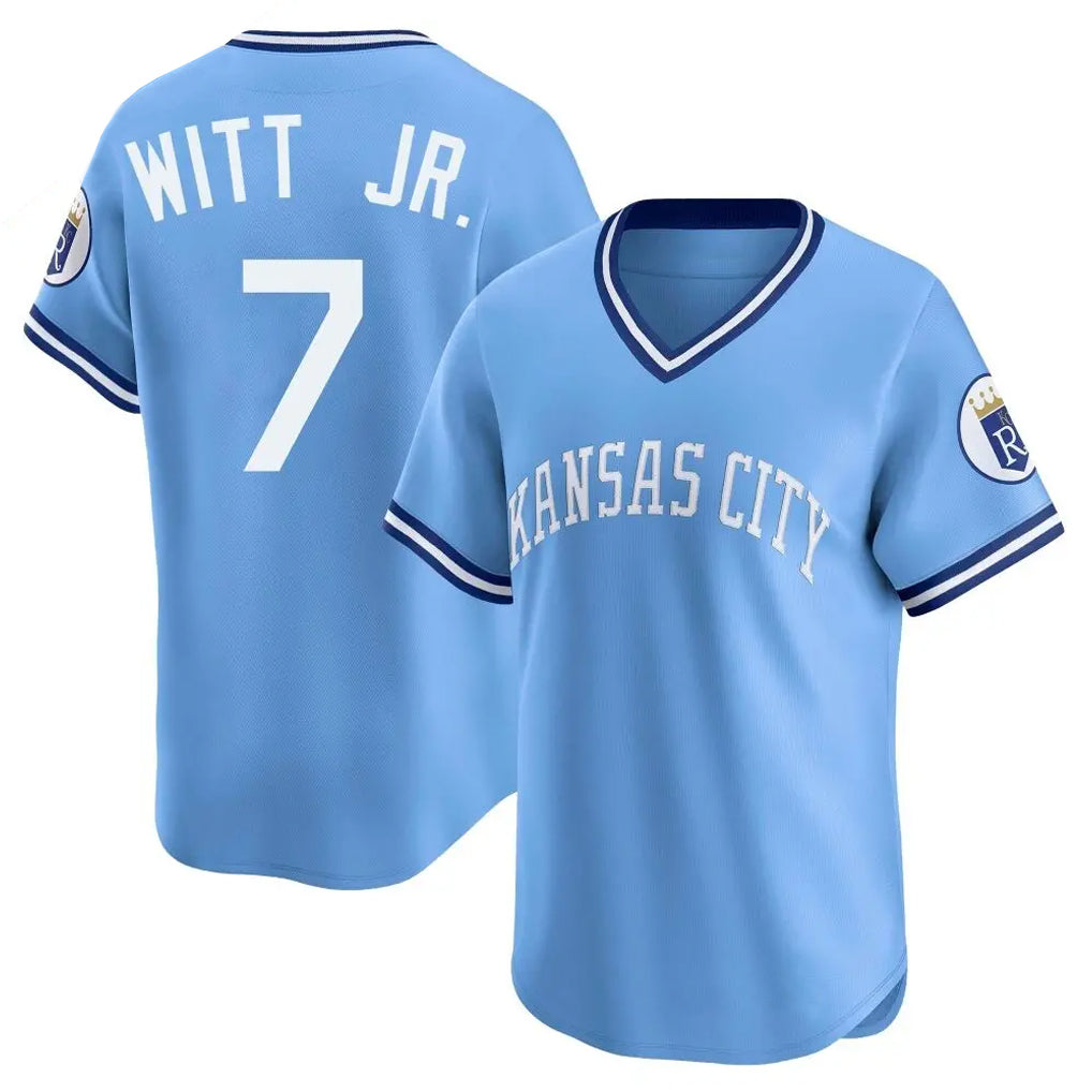 Blandc KC.Royals #7 Bobby Witt Jr. Player Light Blue Limited Throwback Cooperstown Collection T-shirt Stitched Jerseys
