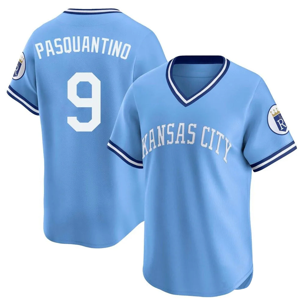Blandc KC.Royals #9 Vinnie Pasquantino Player Light Blue Limited Throwback Cooperstown Collection T-shirt Stitched Jerseys