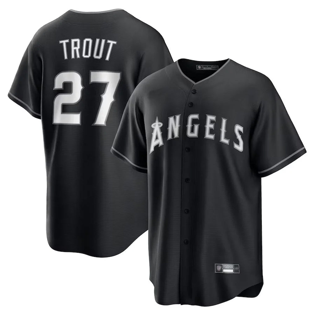 Blandc LA.Angels #27 Mike Trout Player Black Lights Out Fashion T-shirt Stitched Jerseys