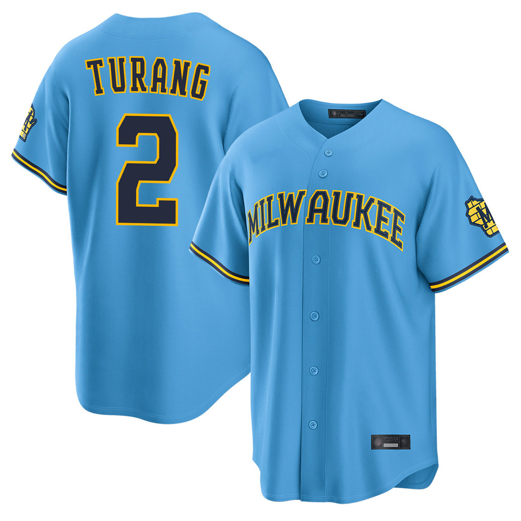 Blandc M.Brewers #2 Brice Turang Player Light Blue Road Stadium Game Stitched Jerseys