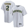 Blandc M.Brewers #2 Brice Turang Player White Stripes Home Game Stitched Jerseys