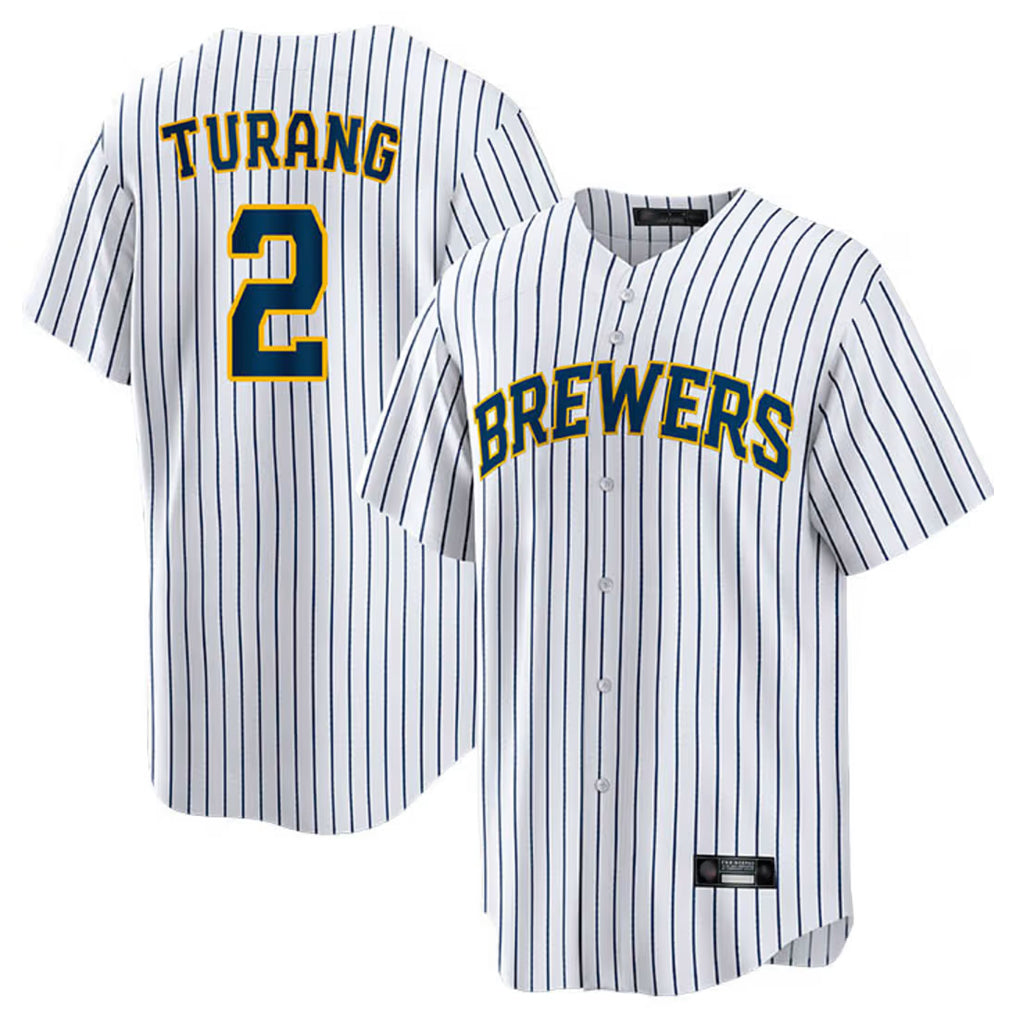 Blandc M.Brewers #2 Brice Turang Player White Stripes Home Game Stitched Jerseys
