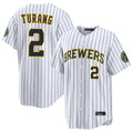 Blandc M.Brewers #2 Brice Turang Player White Stripes Home Limited Game Stitched Jerseys