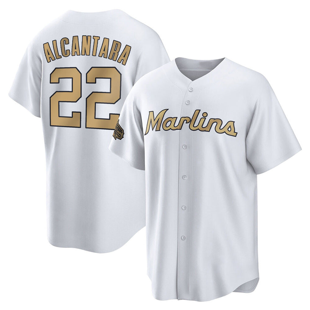 Blandc M.Marlins #22 Sandy Alcantara Player Gold Home Game Stitched Jerseys