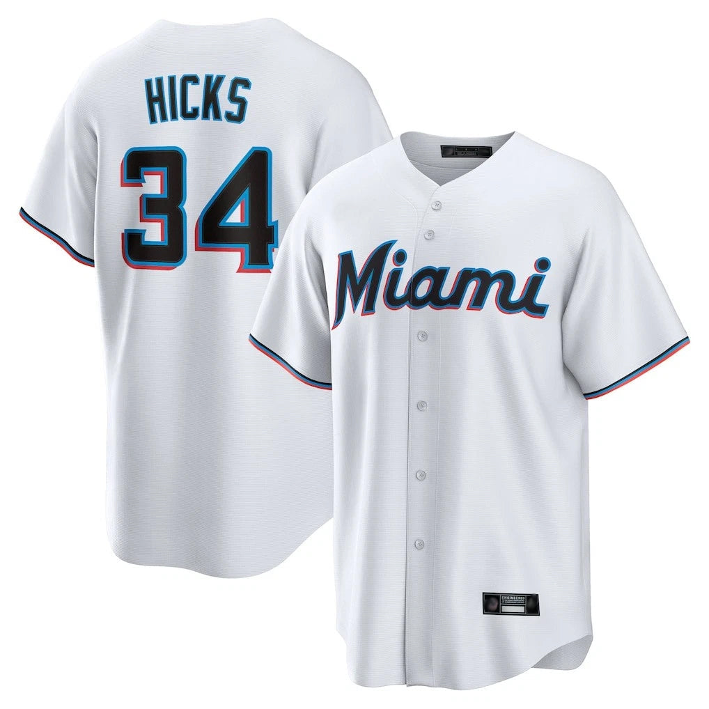 Blandc M.Marlins #34 Liam Hicks Player White  Home Game Stitched Jerseys